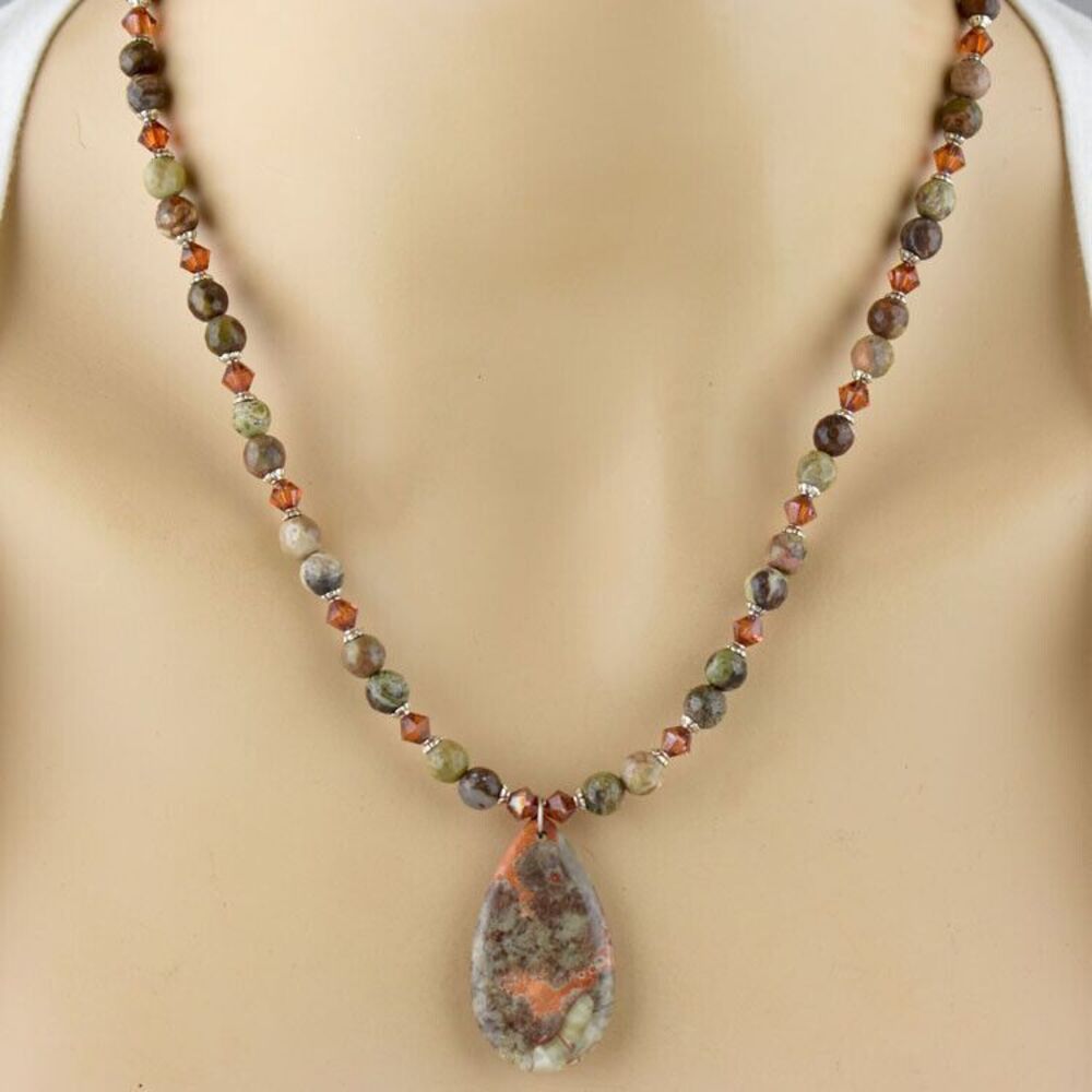 Handcrafted Necklace Earring Set Australian Agate Accented Swarovski Crystals